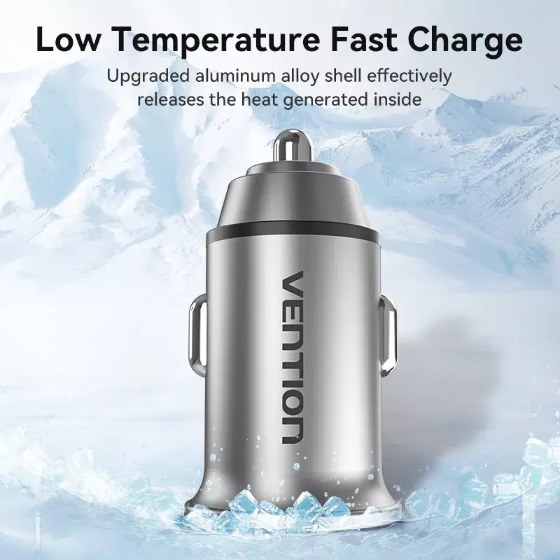 Car Charger Vention Two-Port USB A+C(18/20) Gray Mini Style Aluminium Alloy Type