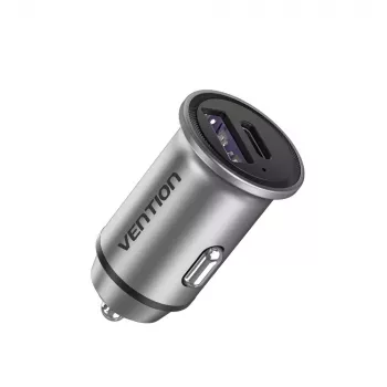 Car Charger Vention Two-Port USB A+C(18/20) Gray Mini Style Aluminium Alloy Type