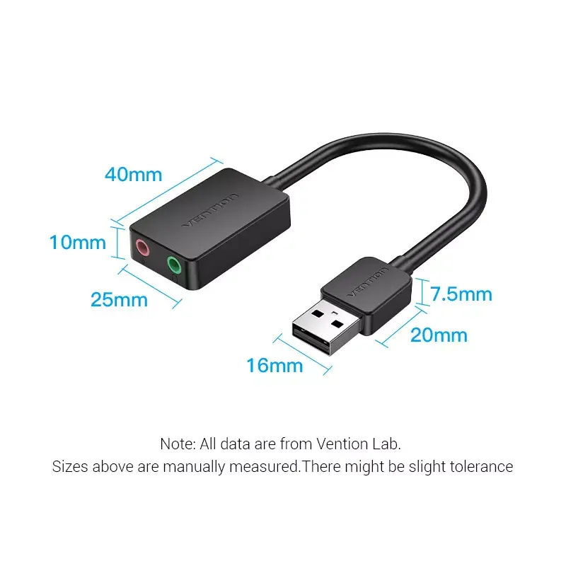Vention 2-port USB External Sound Card 0.15M Black 2.1 channels 16 bit