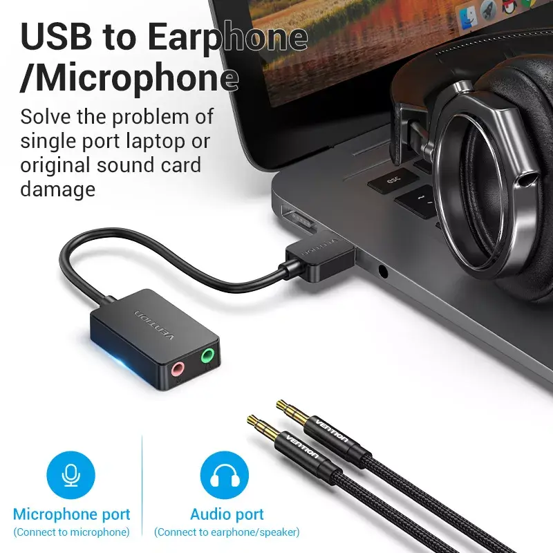 Vention 2-port USB External Sound Card 0.15M Black 2.1 channels 16 bit