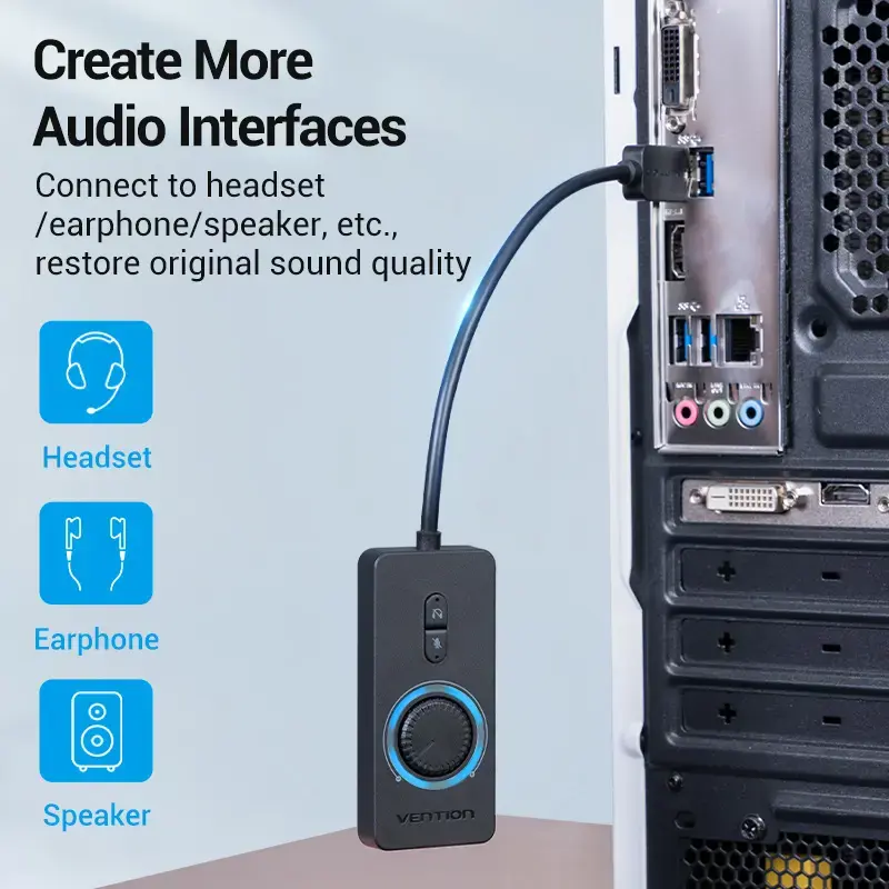 Vention USB 2.0 External Stereo Sound Adapter with Volume Control 0.15M Black ABS