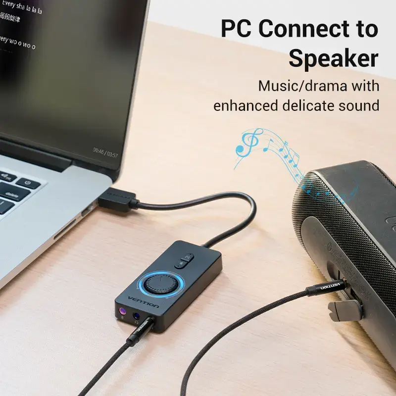 Vention USB 2.0 External Stereo Sound Adapter with Volume Control 0.15M Black ABS
