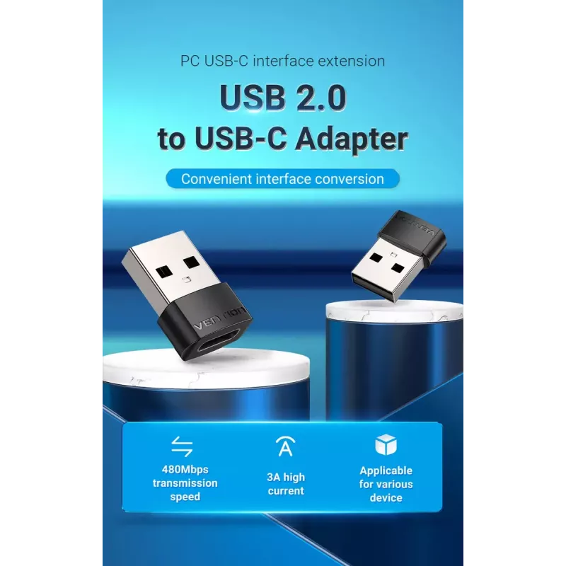 USB Adapter Vention CDWB0 USB 2.0 Male to USB-C Female Black PVC