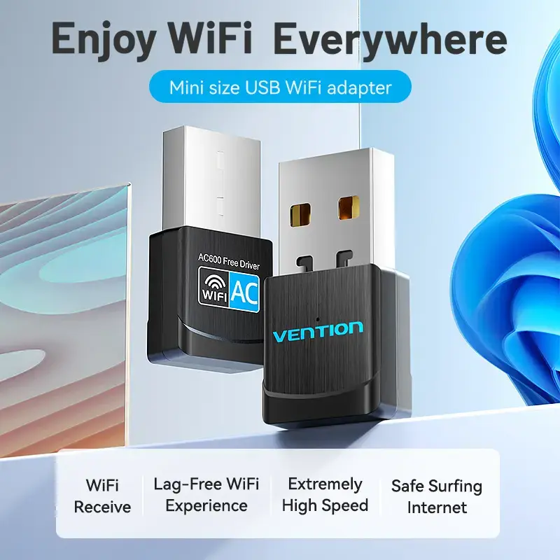 Vention USB Wi-Fi Dual Band Adapter 2.4G/5G Black Wireless USB 433 Mbit/s