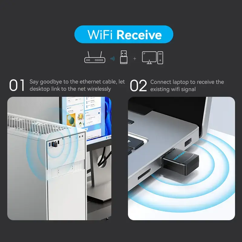 Vention USB Wi-Fi Dual Band Adapter 2.4G/5G Black Wireless USB 433 Mbit/s