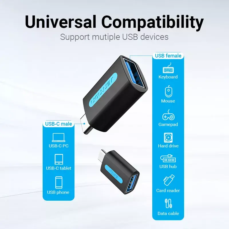Vention USB-C to USB 3.0 OTG Adapter CDUB0 — USB-C male to USB-A female, black PVC, nickel-plated contacts