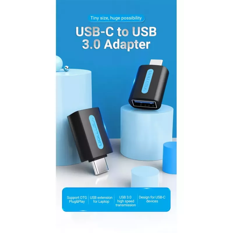 Vention USB-C to USB 3.0 OTG Adapter CDUB0 — USB-C male to USB-A female, black PVC, nickel-plated contacts