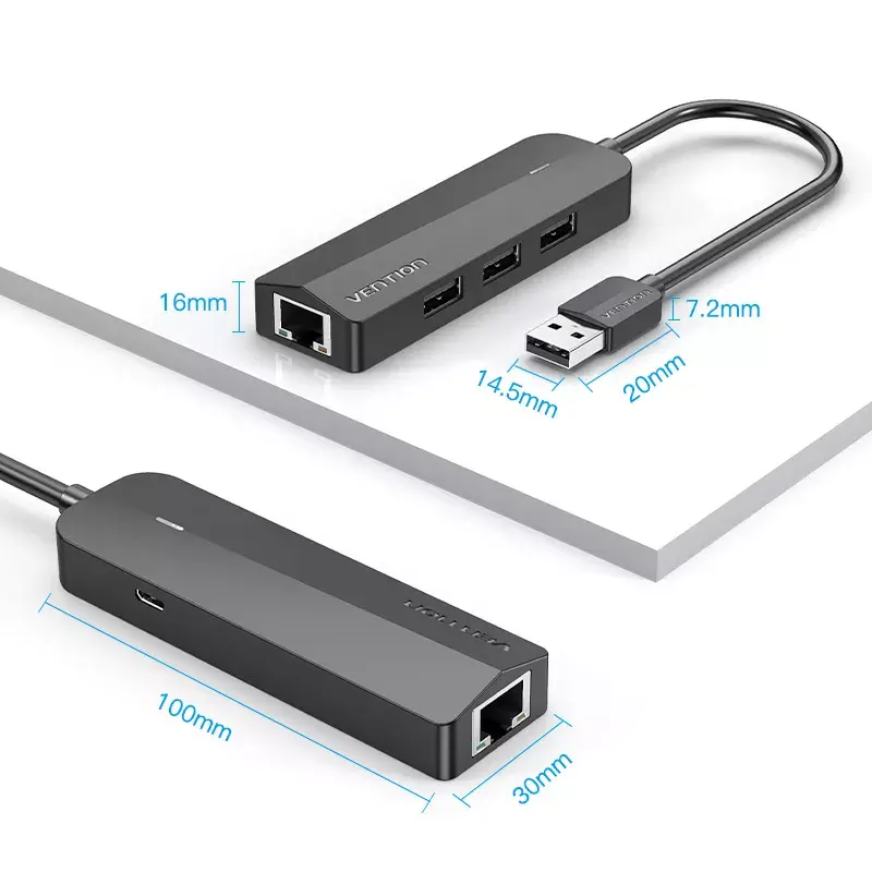 USB 2.0 Hub Vention 3-Port with 100M Ethernet Adapter, USB 2.0 Host, 4 Ports, Black