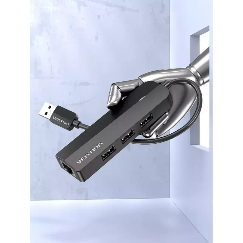 USB 2.0 Hub Vention 3-Port with 100M Ethernet Adapter, USB 2.0 Host, 4 Ports, Black