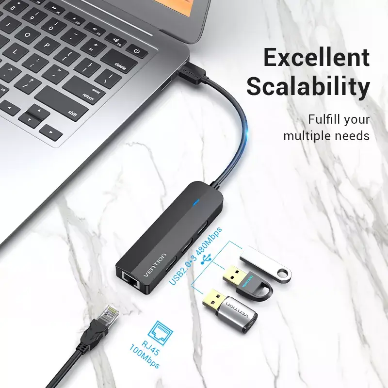 USB 2.0 Hub Vention 3-Port with 100M Ethernet Adapter, USB 2.0 Host, 4 Ports, Black