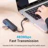USB 2.0 Hub Vention 3-Port with 100M Ethernet Adapter, USB 2.0 Host, 4 Ports, Black