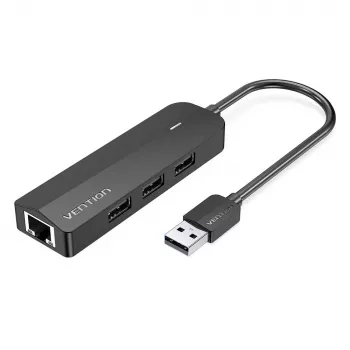 USB 2.0 Hub Vention 3-Port with 100M Ethernet Adapter, USB 2.0 Host, 4 Ports, Black