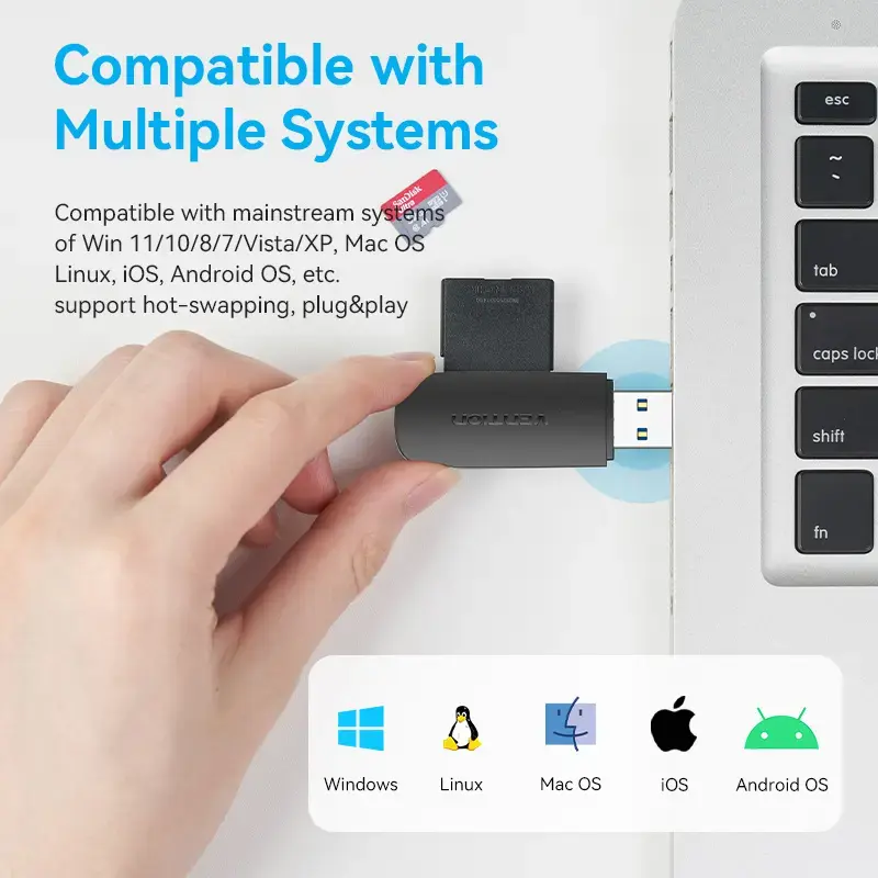 Vention 2-in-1 USB 3.2 Gen 1 (USB 3.0) Card Reader — SD & MicroSD, Black, Compact