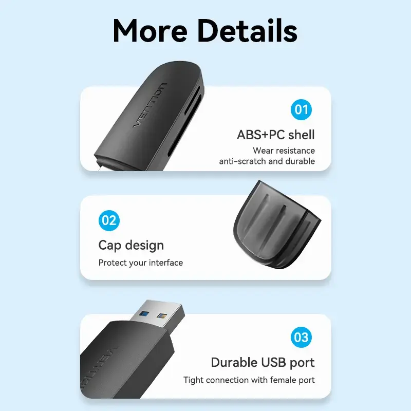Vention 2-in-1 USB 3.2 Gen 1 (USB 3.0) Card Reader — SD & MicroSD, Black, Compact