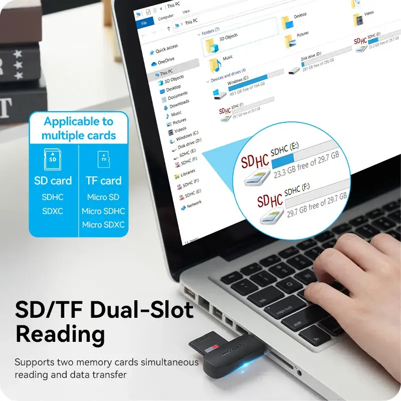 Vention 2-in-1 USB 3.2 Gen 1 (USB 3.0) Card Reader — SD & MicroSD, Black, Compact