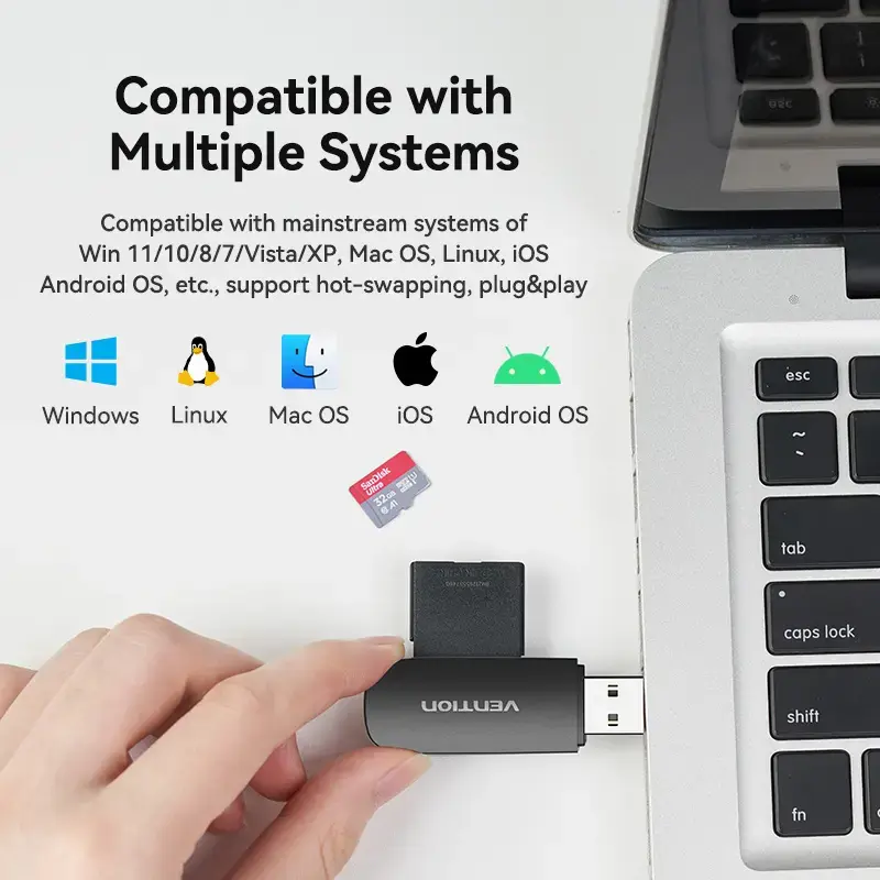 Vention 2-in-1 USB 3.0 A Card Reader SD+TF, USB 3.2 Gen 1, 5000 Mbit/s, Black
