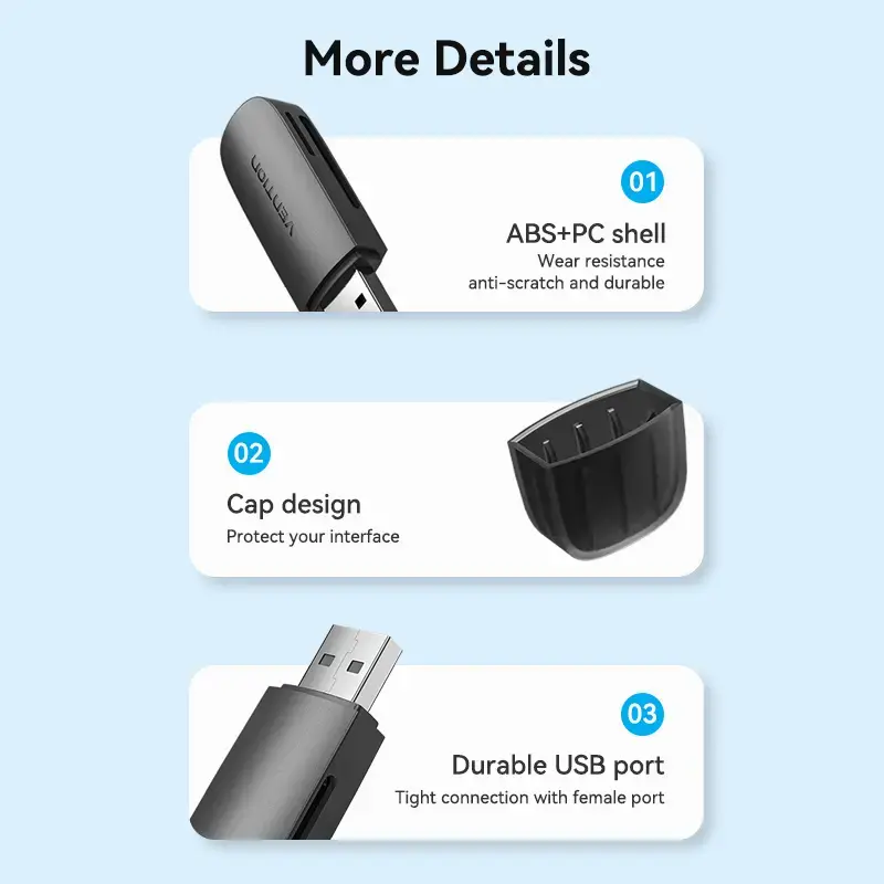 Vention 2-in-1 USB 3.0 A Card Reader SD+TF, USB 3.2 Gen 1, 5000 Mbit/s, Black