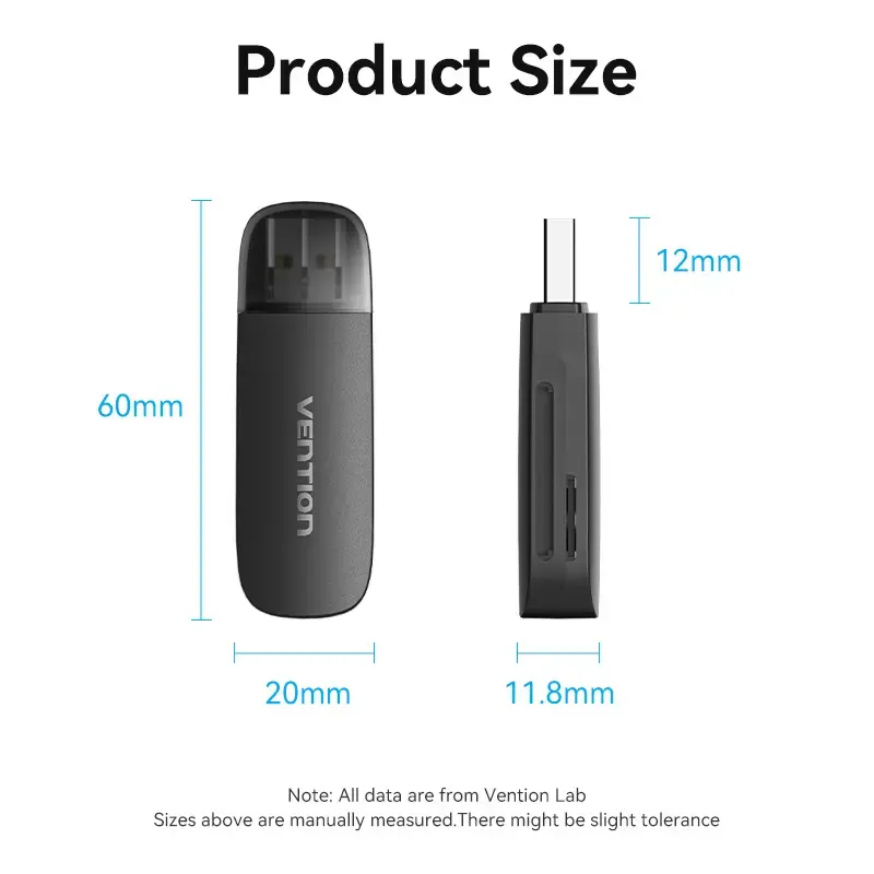 Vention 2-in-1 USB 3.0 A Card Reader SD+TF, USB 3.2 Gen 1, 5000 Mbit/s, Black