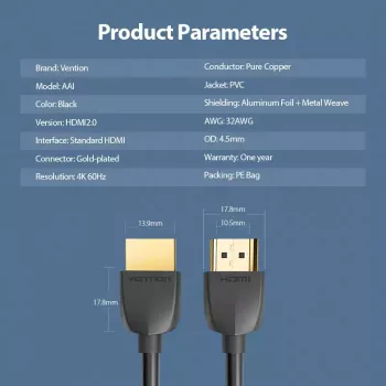 Vention Portable HDMI Cable 3M Black HDMI 2.0 18 Gbit/s