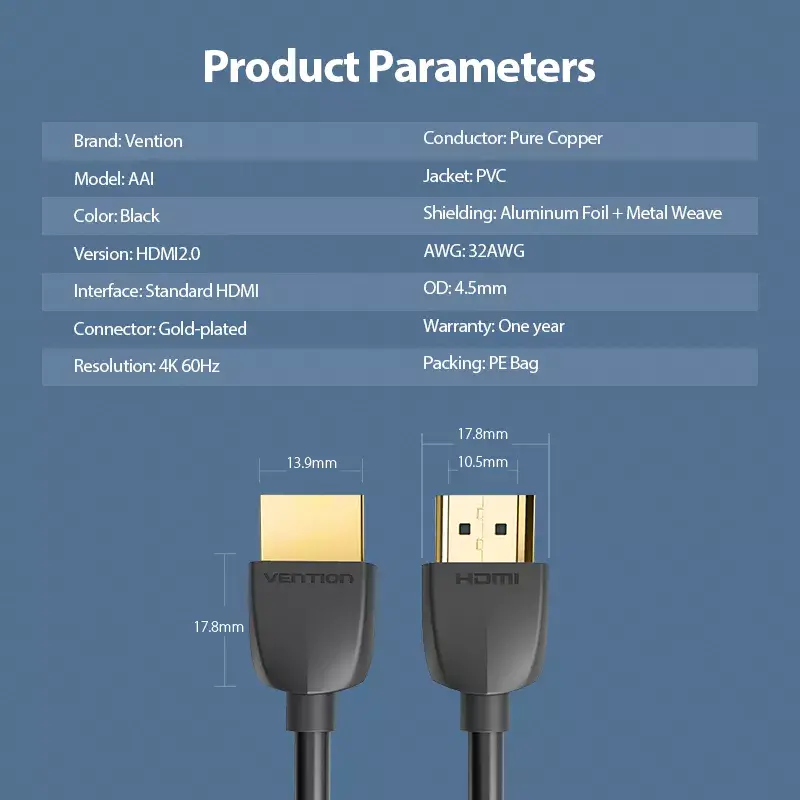Vention Portable HDMI Cable 3M Black HDMI 2.0 18 Gbit/s