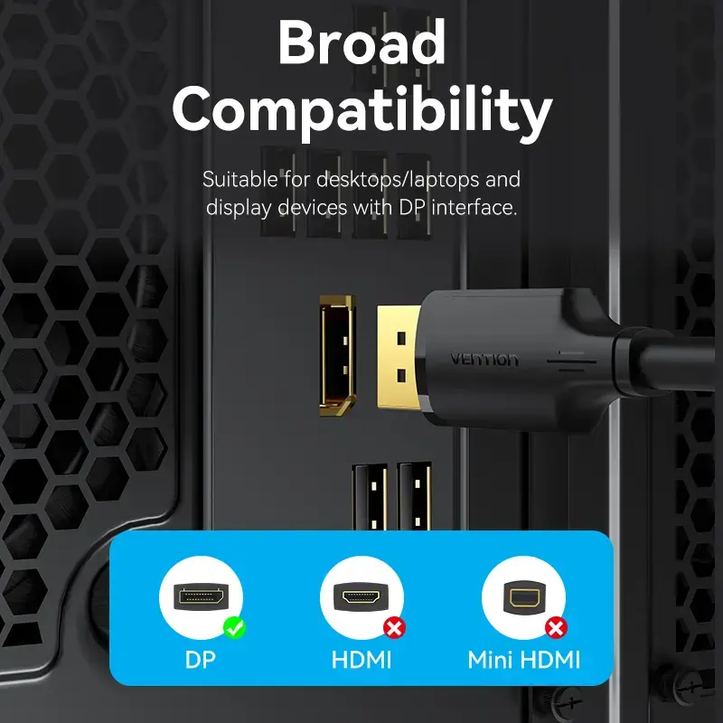 DisplayPort Male-to-Male Cable Vention 1.5 m, 4K HD, Black, 6 mm diameter