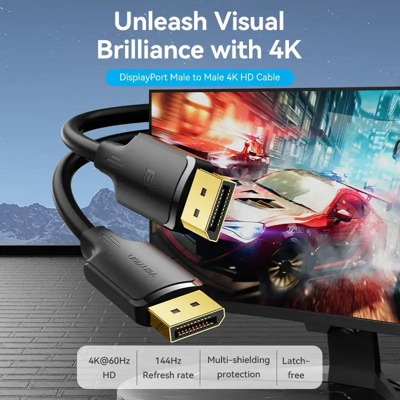 DisplayPort Male-to-Male Cable Vention 1.5 m, 4K HD, Black, 6 mm diameter