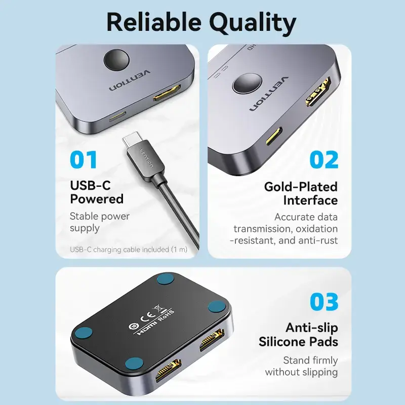 Vention 2-Port Bi-Directional 8K HDMI Switcher AKPH0, HDMI 2.1, 7680×4320@60Hz, USB-C power, Aluminium, Grey