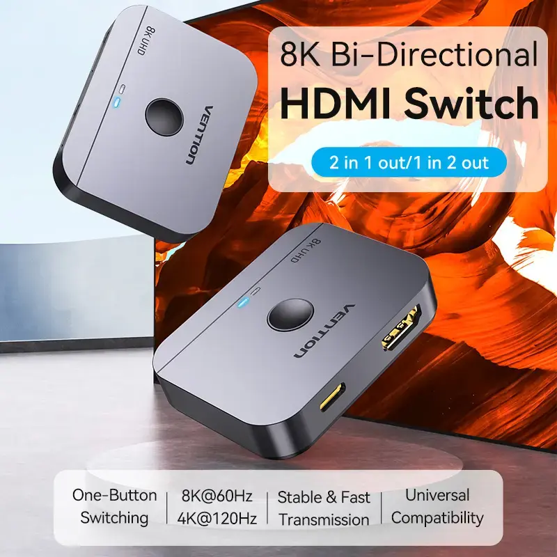 Vention 2-Port Bi-Directional 8K HDMI Switcher AKPH0, HDMI 2.1, 7680×4320@60Hz, USB-C power, Aluminium, Grey
