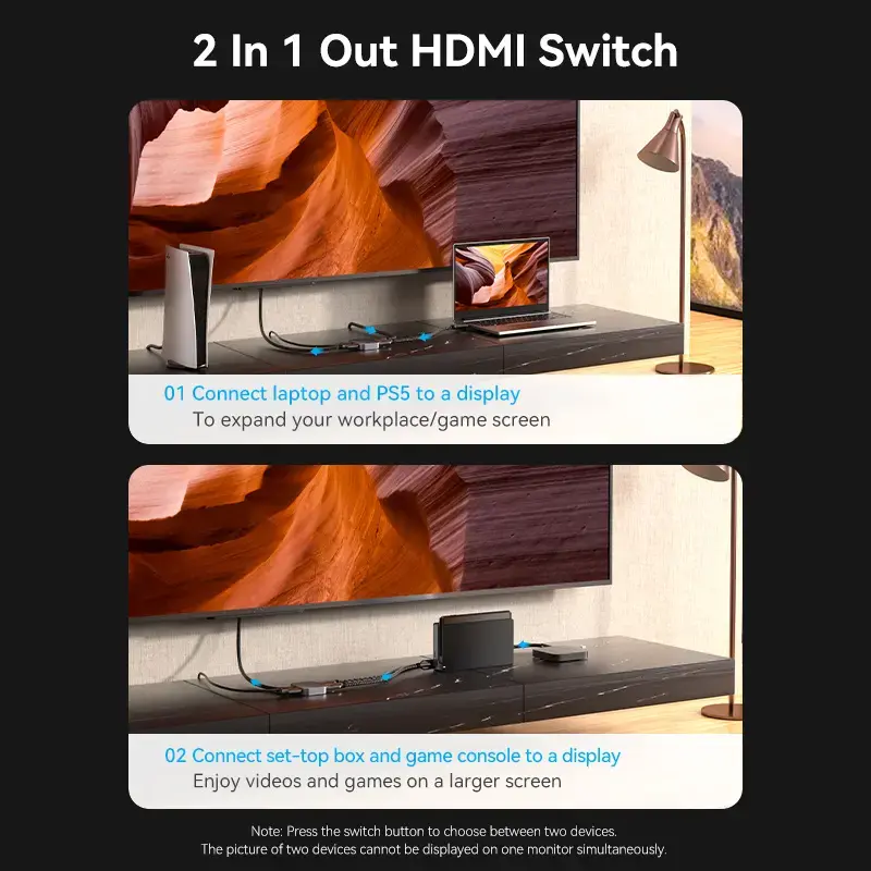 Vention 2-Port Bi-Directional 8K HDMI Switcher AKPH0, HDMI 2.1, 7680×4320@60Hz, USB-C power, Aluminium, Grey