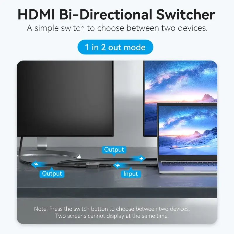HDMI 2-Port Bi-Direction 4K Switcher Vention AKOB0 — 3 HDMI ports, 3840×2160@60Hz, ABS, Plug and Play