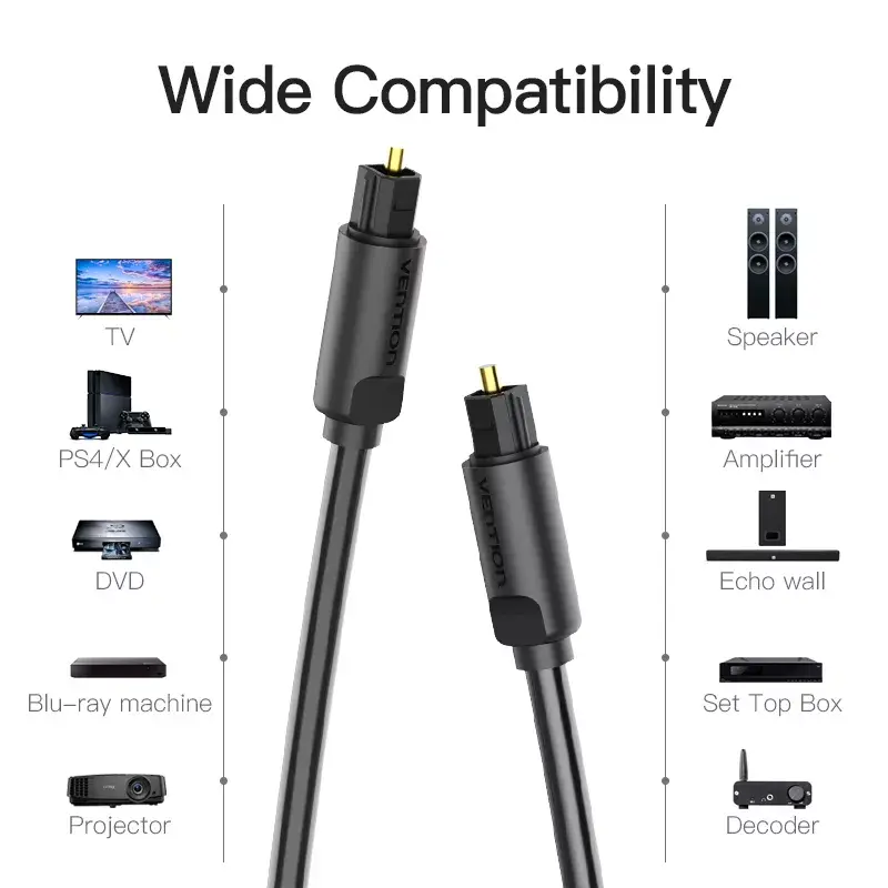 Optical Fiber Audio Cable Vention 2M Black TOSLINK Male to Male