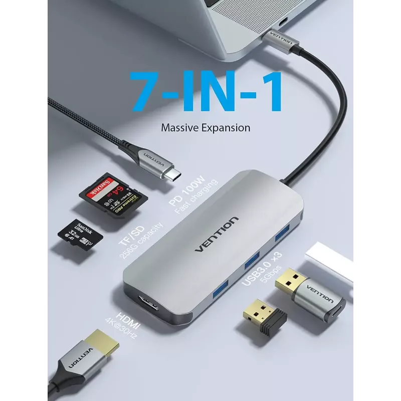 Docking Station Vention USB-C to HDMI USB 3.0x3 SD TF PD 100W Gray