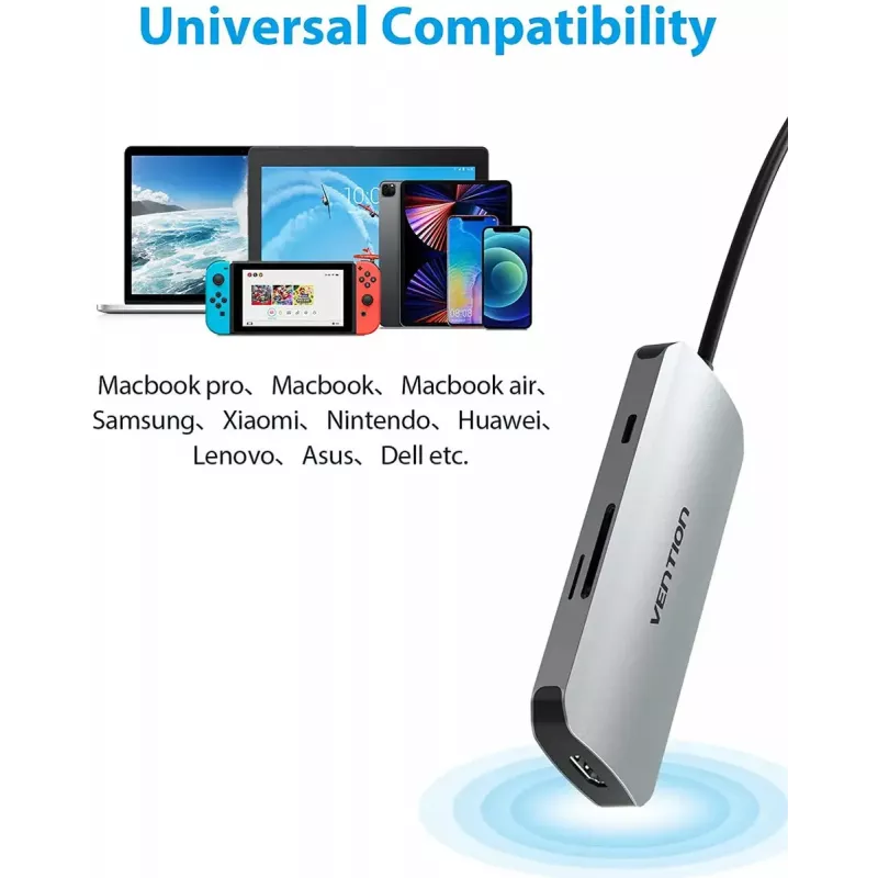 Docking Station Vention USB-C to HDMI USB 3.0x3 SD TF PD 100W Gray