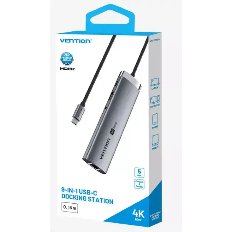 Docking Station Vention 9-in-1 USB-C TGVHB — RJ-45, HDMI 4K@60Hz, USB 3.2 Gen1, SD/MicroSD, 1x USB-C