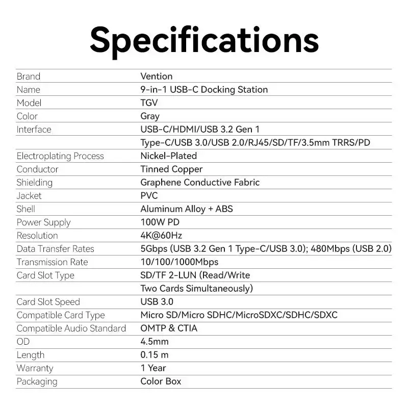 Docking Station Vention 9-in-1 USB-C TGVHB — RJ-45, HDMI 4K@60Hz, USB 3.2 Gen1, SD/MicroSD, 1x USB-C