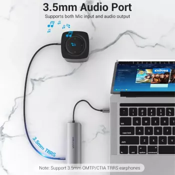 Docking Station Vention Multi-function USB-C to HDMI USB3.0x3 RJ45 SD TF TRRS 3.5mm PD 0.15M Gray Aluminum Alloy