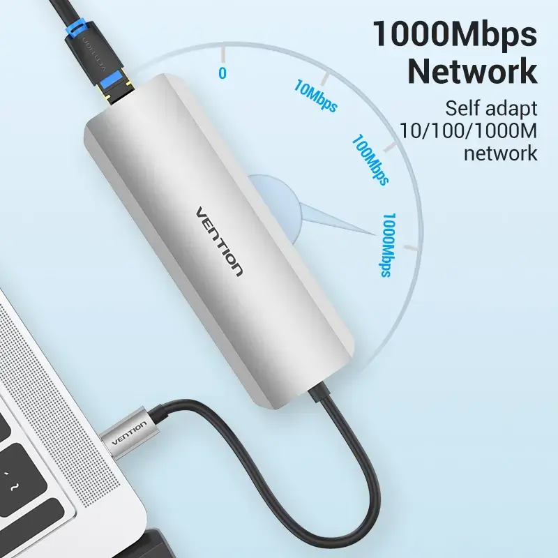 Docking Station Vention Multi-function USB-C to HDMI USB3.0x3 RJ45 SD TF TRRS 3.5mm PD 0.15M Gray Aluminum Alloy