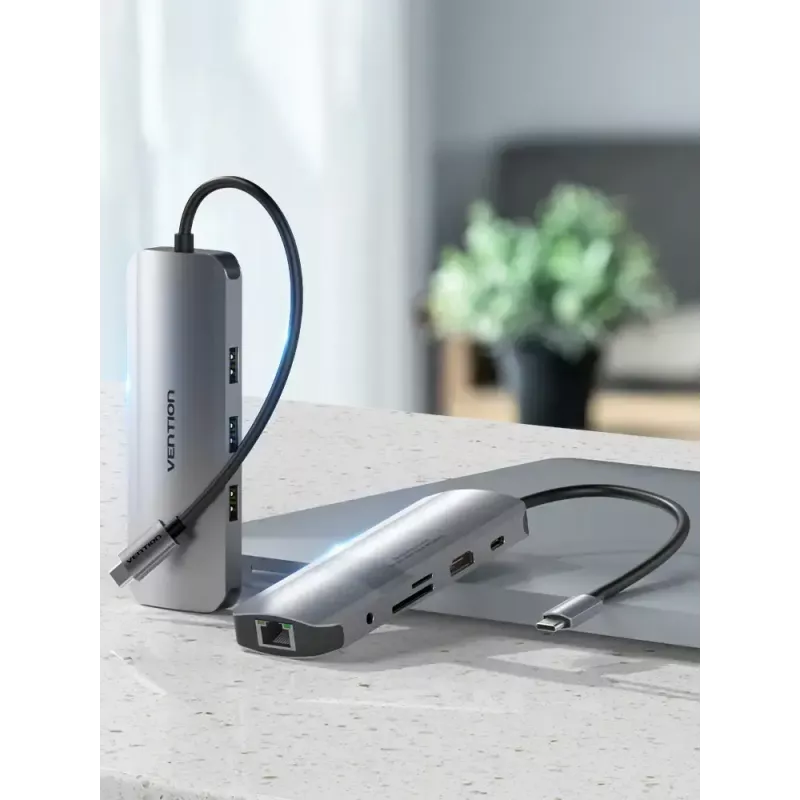 Docking Station Vention Multi-function USB-C to HDMI USB3.0x3 RJ45 SD TF TRRS 3.5mm PD 0.15M Gray Aluminum Alloy