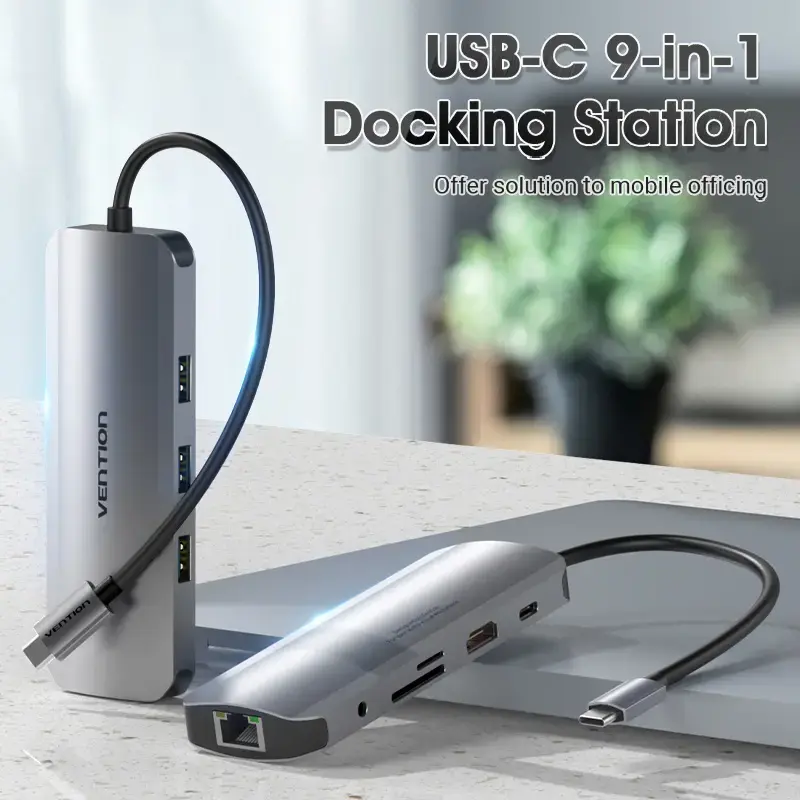 Docking Station Vention Multi-function USB-C to HDMI USB3.0x3 RJ45 SD TF TRRS 3.5mm PD 0.15M Gray Aluminum Alloy