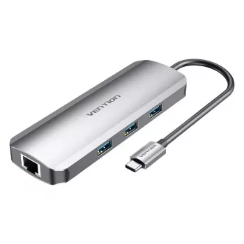 Docking Station Vention Multi-function USB-C to HDMI USB3.0x3 RJ45 SD TF TRRS 3.5mm PD 0.15M Gray Aluminum Alloy