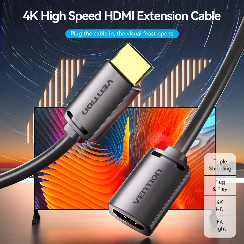 HDMI cable Vention HDMI-A male to HDMI-A female 2 m, HDMI 2.0 18 Gbit/s, 4K, gold-plated connectors, black