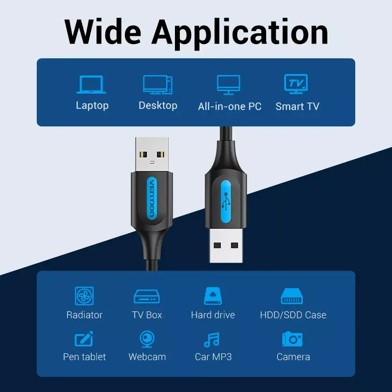 USB 2.0 A–A Cable Vention 2 m, Black PVC, USB A to USB A, 0.48 Gbit/s