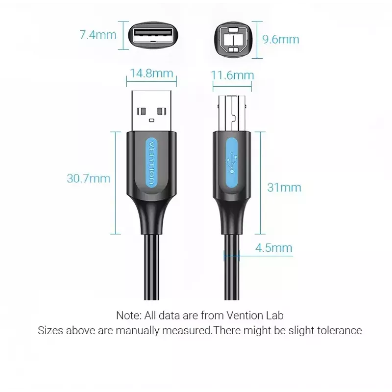 USB 2.0 A Male to B Male Cable Vention COQBJ, 0.5 m, Black, PVC jacket, 2 A, 0.48 Gbit/s