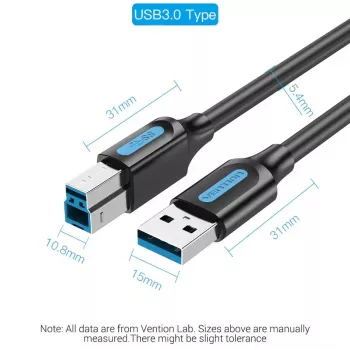 Vention USB 3.0 A to B Cable 3 m — USB 3.2 Gen 1 (5 Gbit/s), Black, Nickel‑plated Connectors
