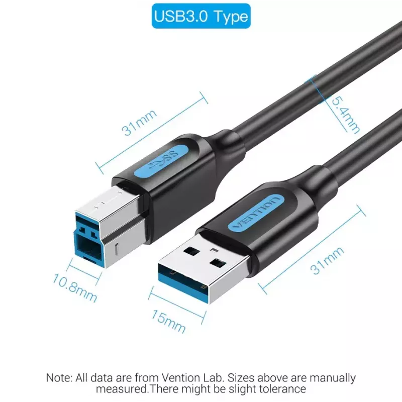 Vention USB 3.0 A to B Cable 3 m — USB 3.2 Gen 1 (5 Gbit/s), Black, Nickel‑plated Connectors