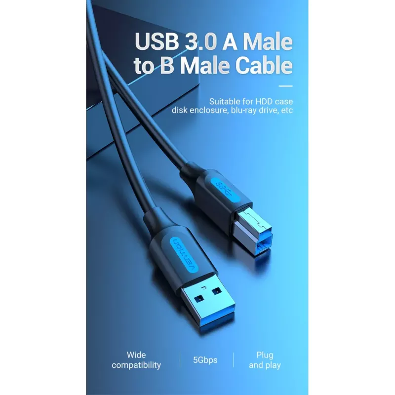 Vention USB 3.0 A to B Cable 3 m — USB 3.2 Gen 1 (5 Gbit/s), Black, Nickel‑plated Connectors