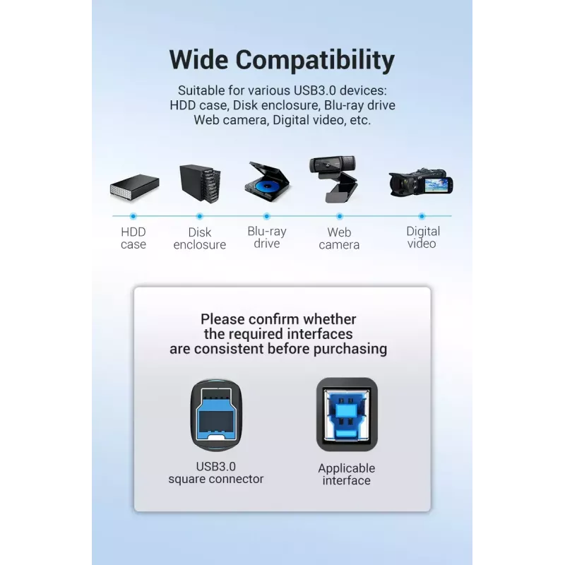 Vention USB 3.0 A to B Cable 3 m — USB 3.2 Gen 1 (5 Gbit/s), Black, Nickel‑plated Connectors