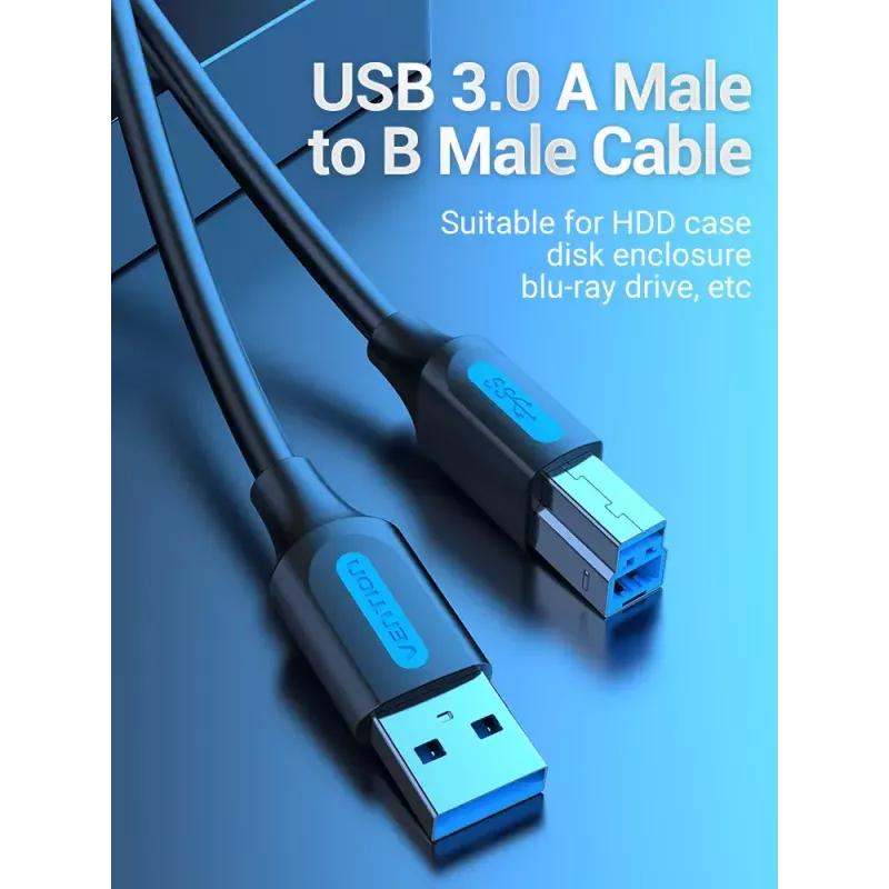 Vention USB 3.0 A to B Cable 3 m — USB 3.2 Gen 1 (5 Gbit/s), Black, Nickel‑plated Connectors