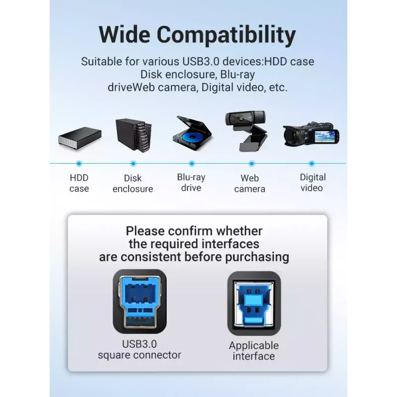 Vention USB 3.0 A to B Cable 3 m — USB 3.2 Gen 1 (5 Gbit/s), Black, Nickel‑plated Connectors