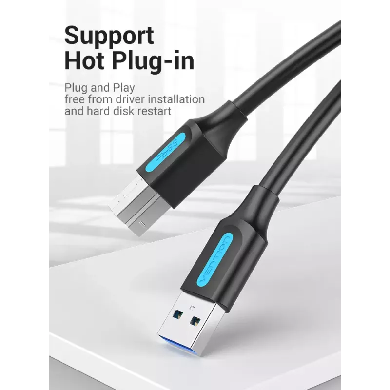 Vention USB 3.0 A to B Cable 3 m — USB 3.2 Gen 1 (5 Gbit/s), Black, Nickel‑plated Connectors